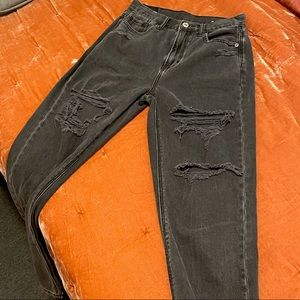 Distressed Black Denim High Waisted Mom Jean AE 0